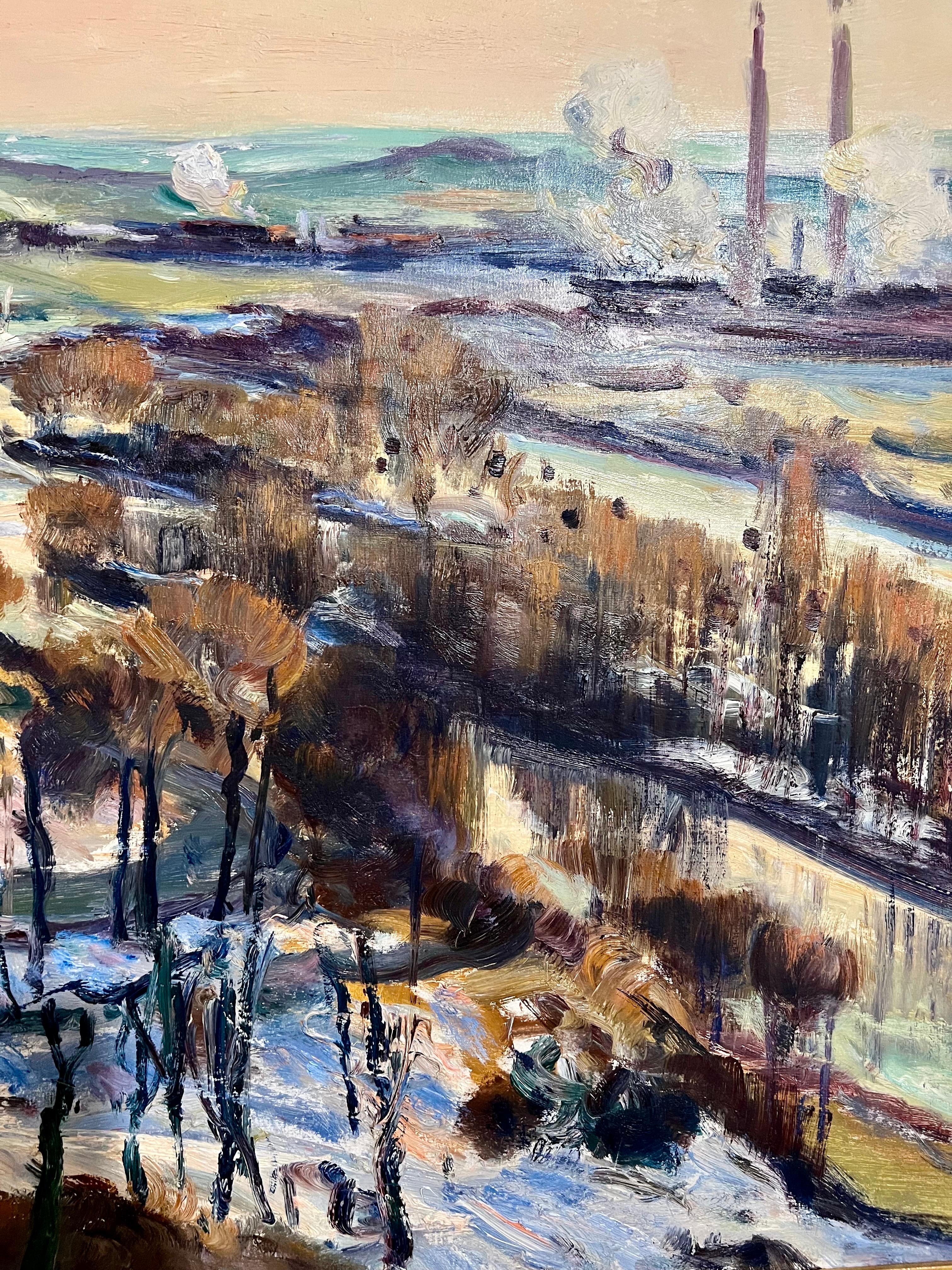 French Post Impressionist Oil Painting Winter Scene, Seine River Gaston Sebire For Sale 7