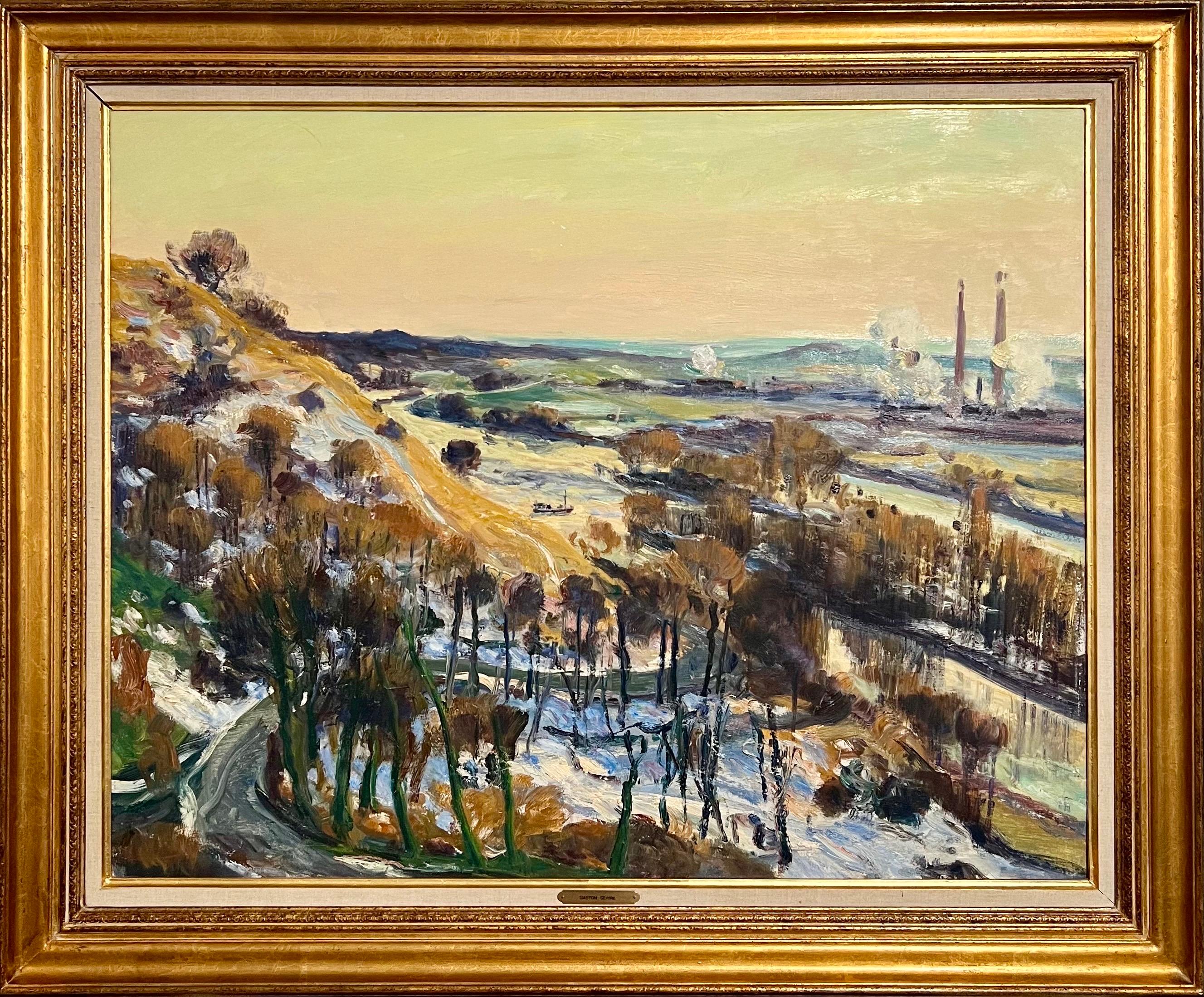 Óleo francés postimpresionista Escena invernal, río Sena Gaston Sebire