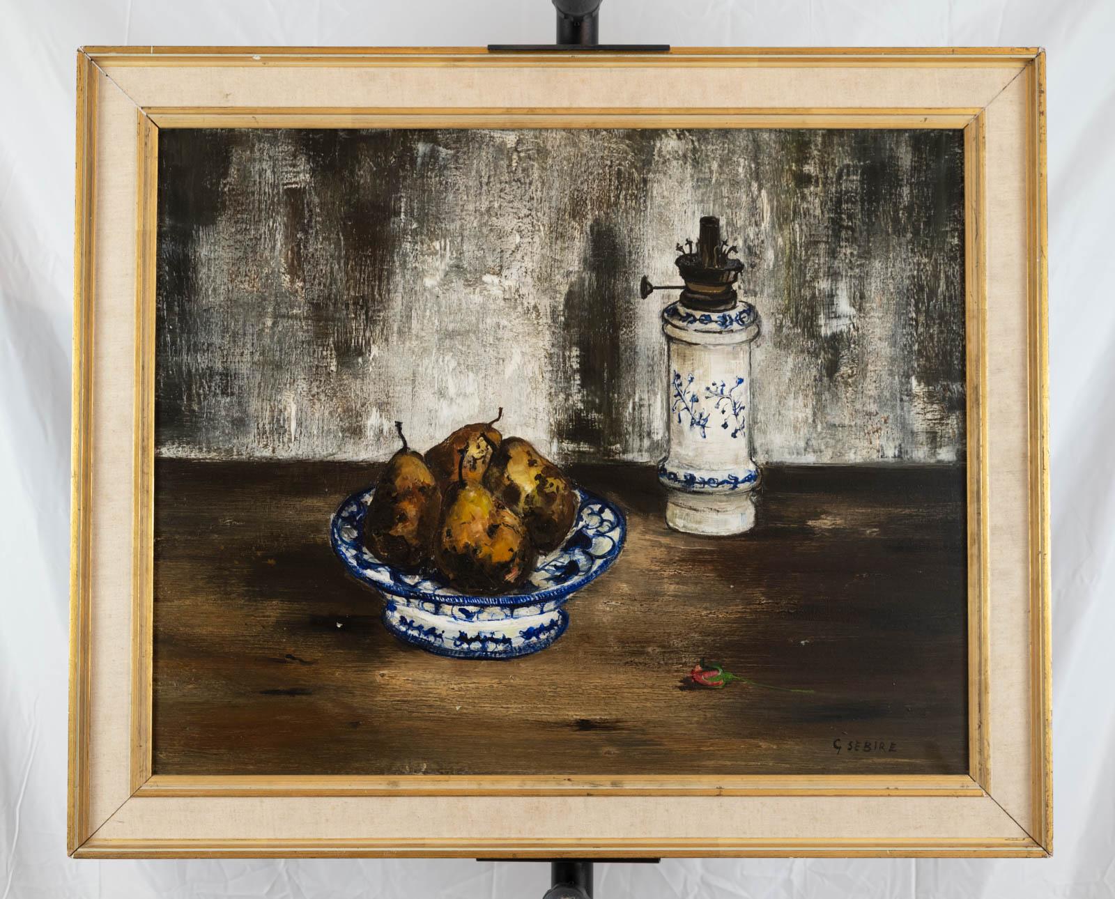 Nature morte aux poires e lampe à pétrole - Painting di Gaston Sebire