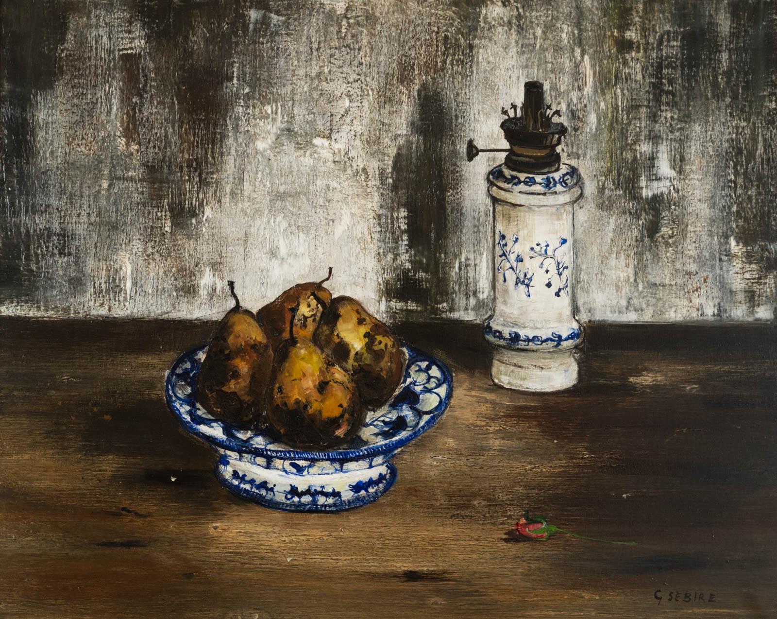 Nature morte aux poires e lampe à pétrole - Painting Postimpressionismo di Gaston Sebire
