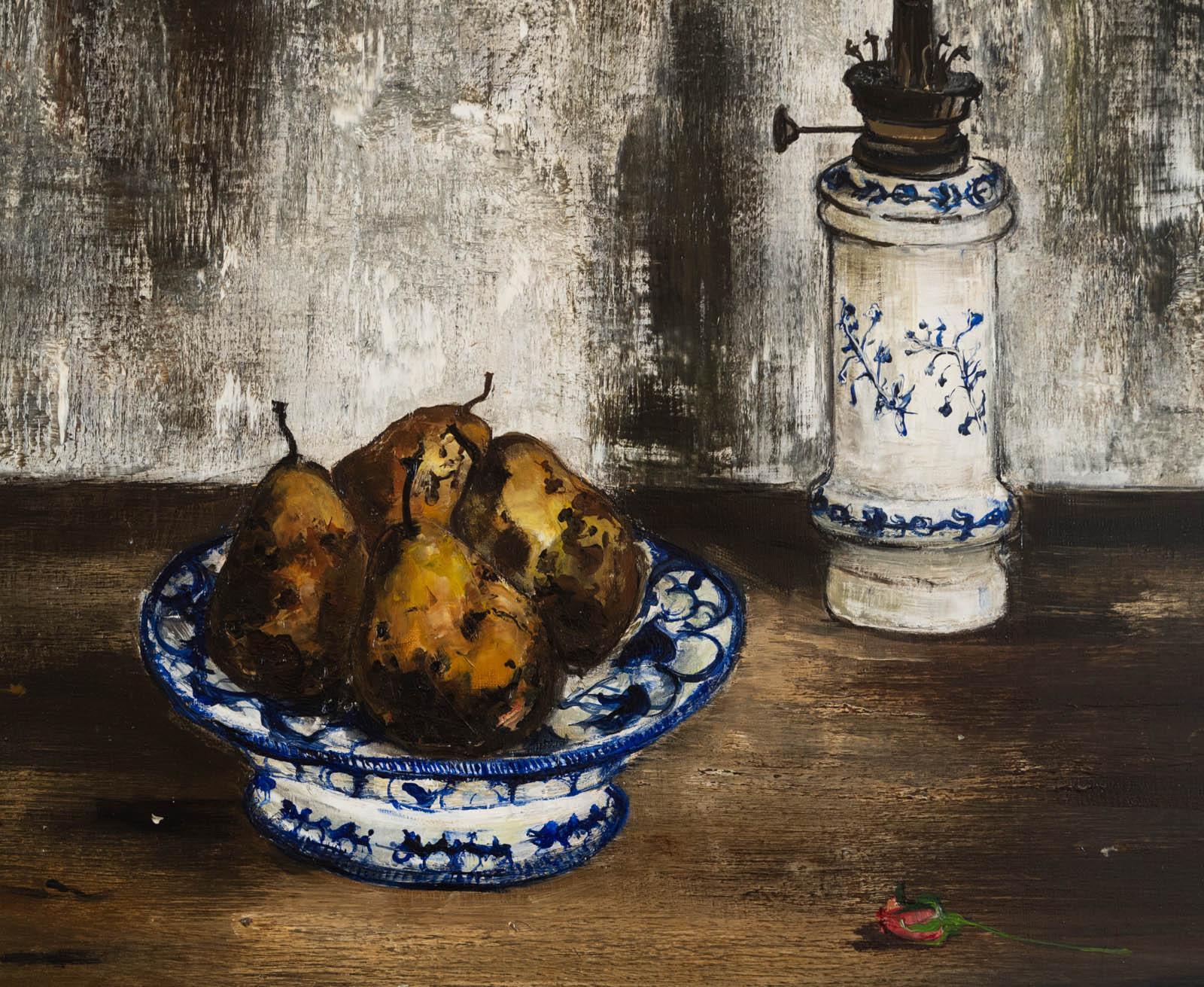 Nature morte aux poires e lampe à pétrole - Still-Life Painting Nero di Gaston Sebire