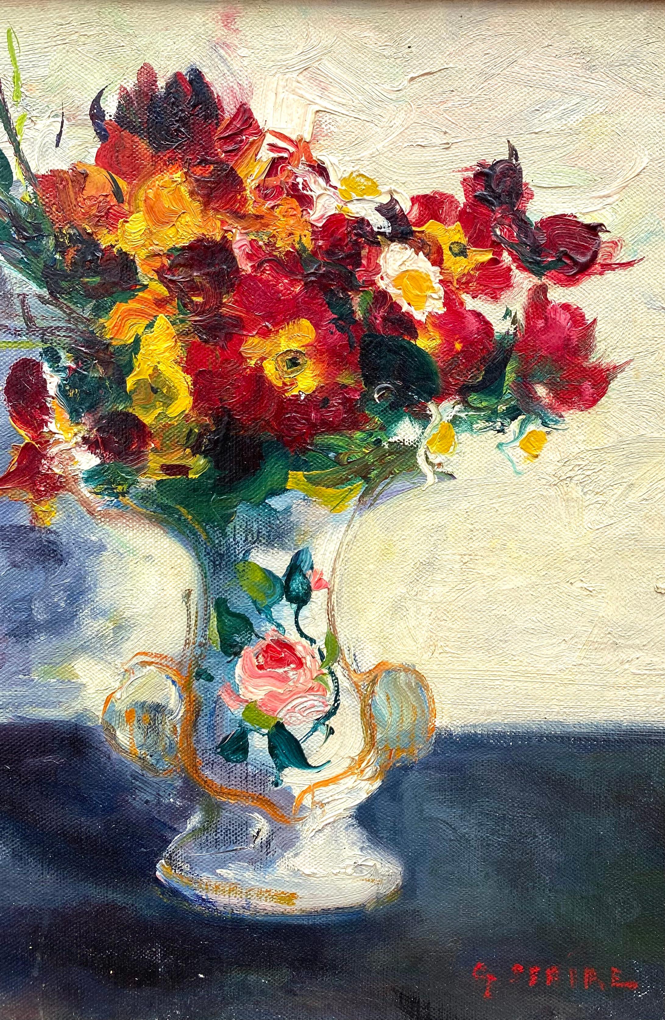 Dipinto originale a olio su tela di una natura morta floreale del noto artista francese Gaston Sebire. Firmato in basso a destra dall'artista.  Firmato e intitolato al verso.  Circa 1965.  Le condizioni sono eccellenti. Le misure complessive della