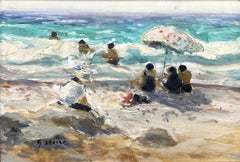 „Plage Au Parasol“ – Postimpressionistisches Strandbild, Öl auf Leinwand, gerahmt