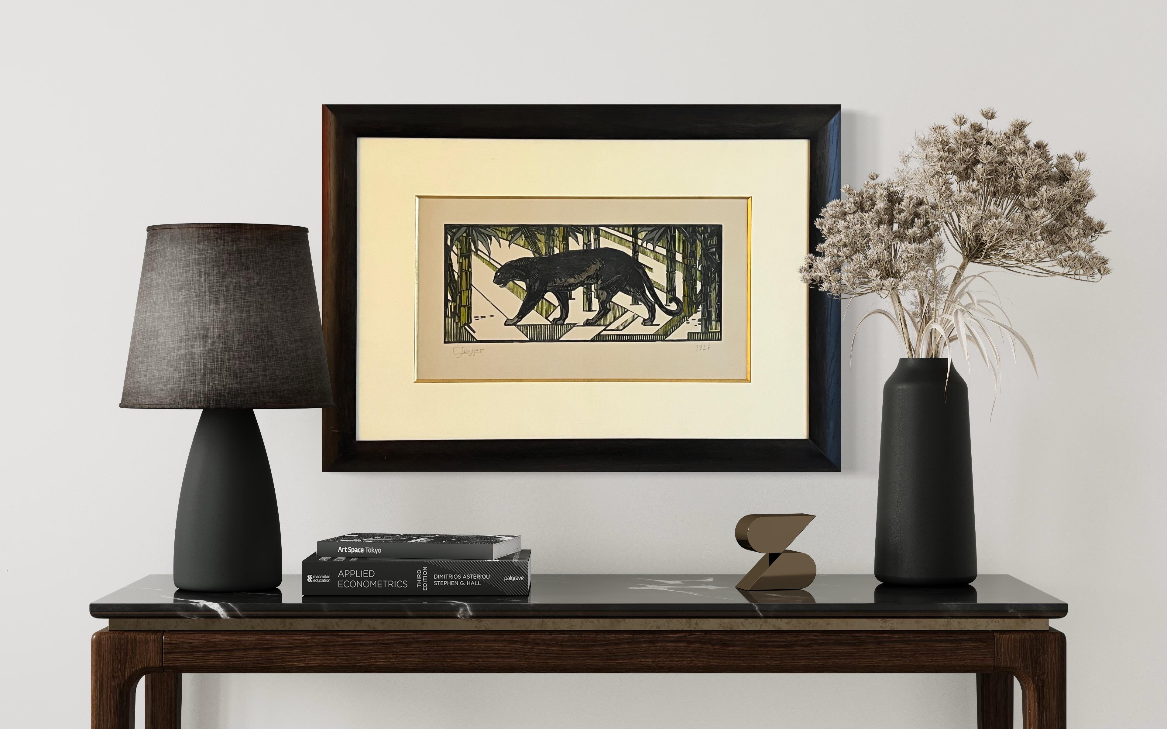 Handkolorierter Art-Déco-Holzschnitt auf Papier – Spaziergang aus schwarzem Panther von Gaston Suisse im Angebot 1