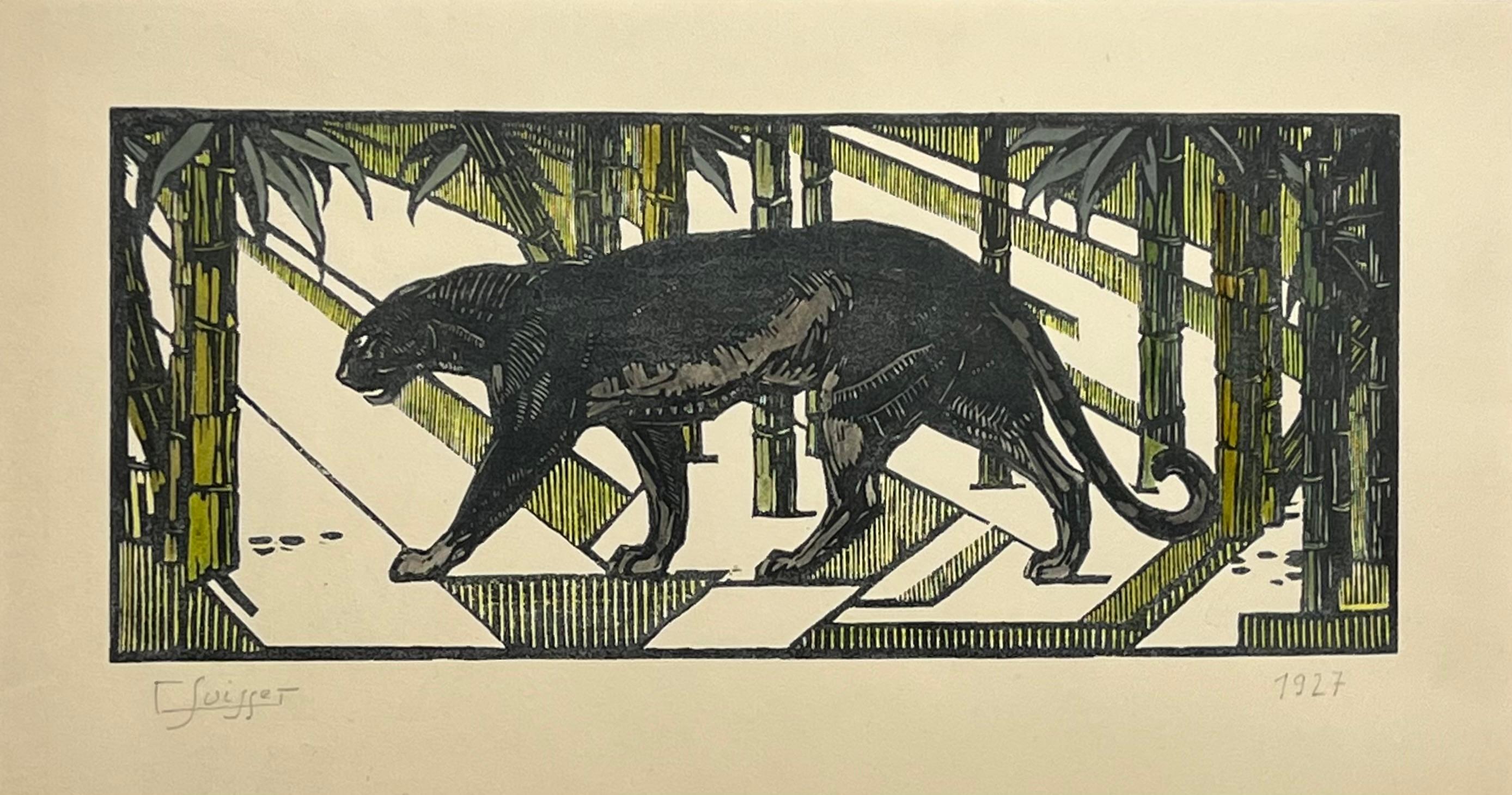 Handkolorierter Art-Déco-Holzschnitt auf Papier – Spaziergang aus schwarzem Panther von Gaston Suisse