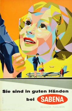 Original Vintage Air Travel Poster Sabena You're In Good Hands MidCentury Design