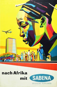 Original Vintage Travel Poster Africa Sabena Airlines Midcentury Modern Design