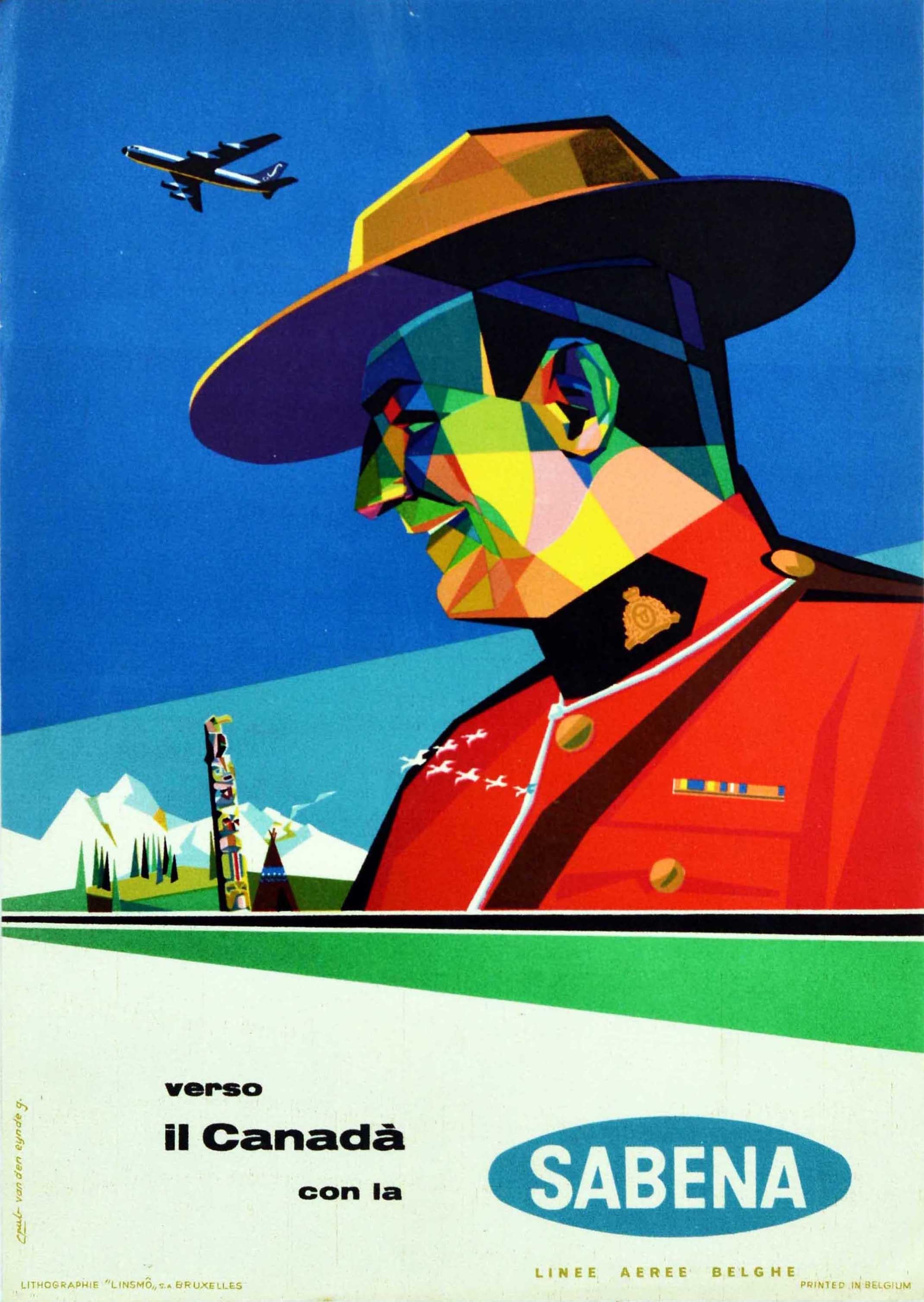 Print di Gaston van den Eynde - Poster di viaggio originale d'epoca per il Canada della Sabena Airlines Disegno di un poliziotto di frontiera