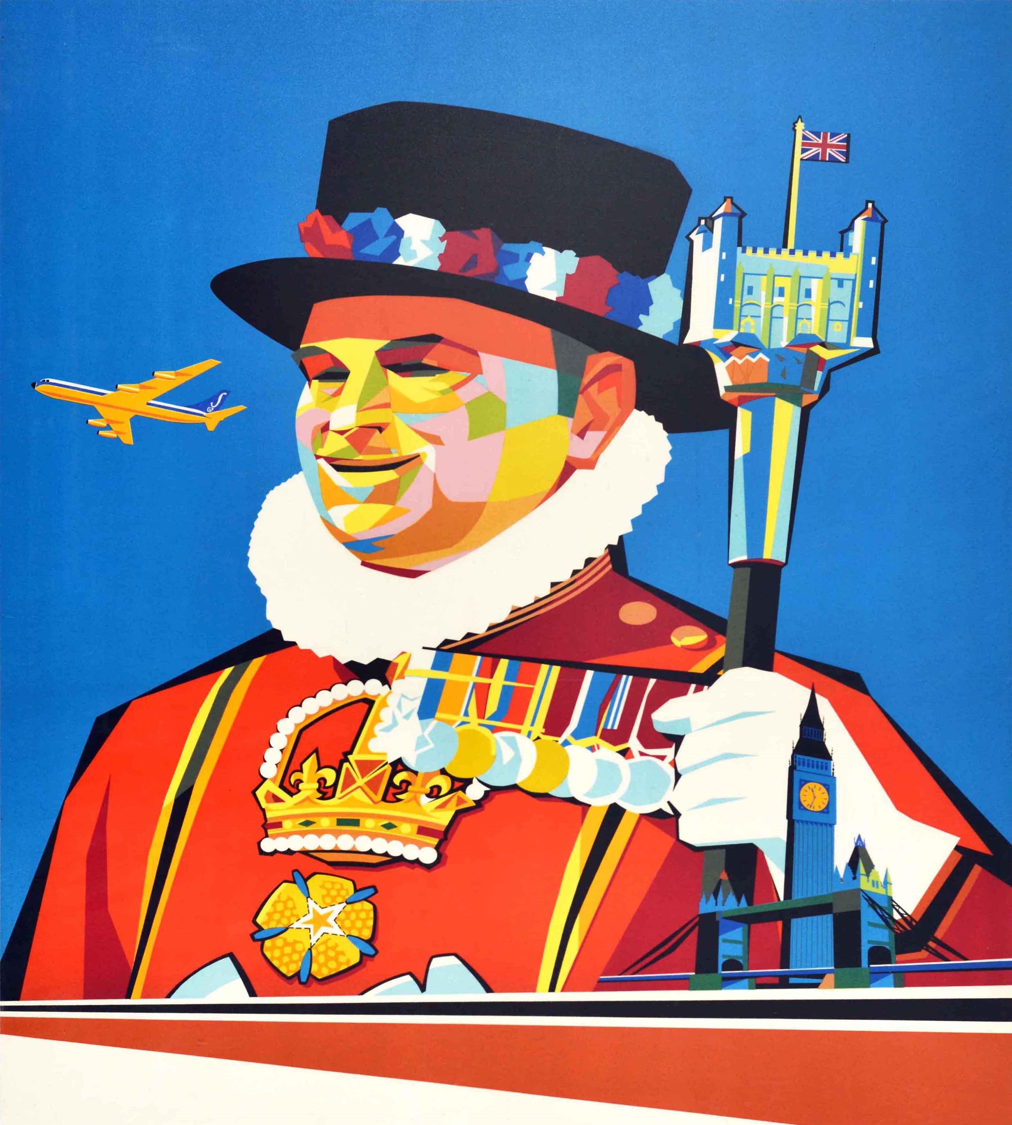 Original Vintage-Reise-Werbeplakat für London von Sabena Belgian Airlines mit einem fantastischen und farbenfrohen Design aus der Mitte des Jahrhunderts, das einen Beefeater / Yeoman Warder zeigt, der einen Stock hält, auf dem der Tower of London