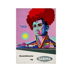 1950 Poster di viaggio originale per la Scandinavia della Sabena, compagnia aerea belga.