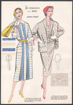 French 1956 Womens Fashion Design Halftone print with original fabric swatches