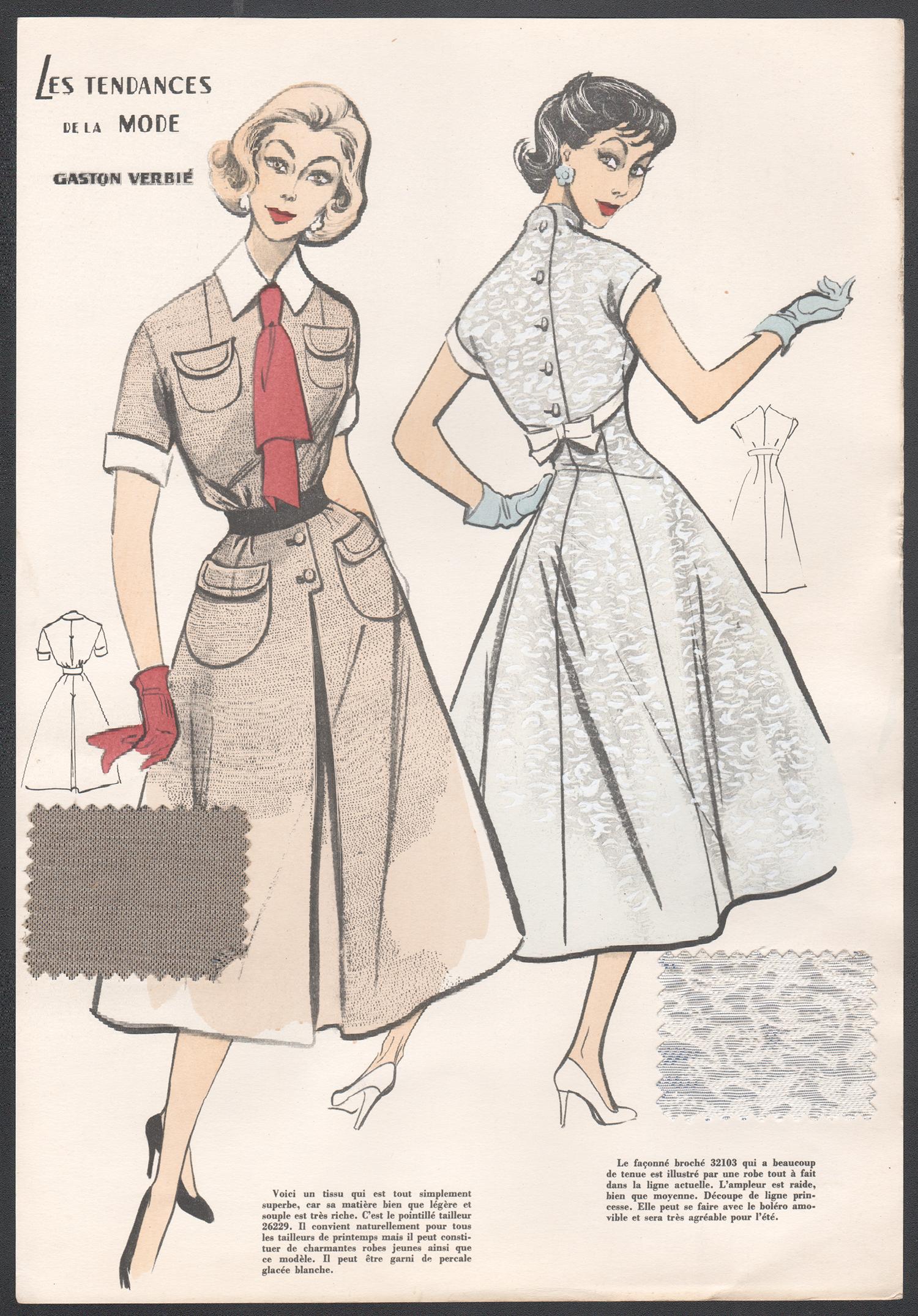 French 1956 Womens Fashion Design Halftone print with original fabric  swatches For Sale at 1stDibs