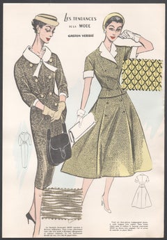 French 1956 Womens Fashion Design Halftone print with original fabric swatches