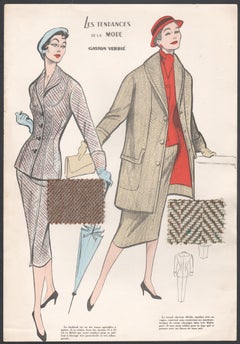 French 1956 Womens Fashion Design Halftone print with original fabric swatches