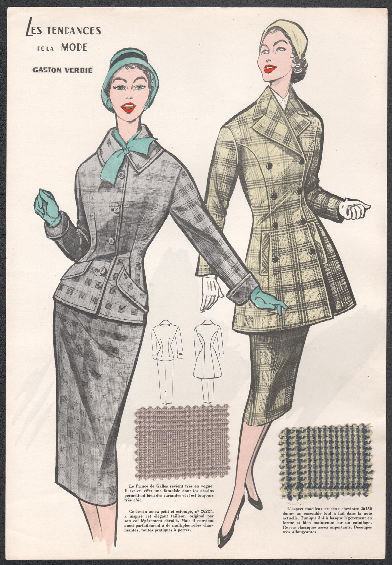 French 1956 Womens Fashion Design Halftone print with original fabric swatches - Print by Gaston Verbie