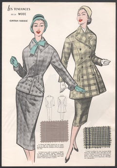 French 1956 Womens Fashion Design Halftone print with original fabric swatches