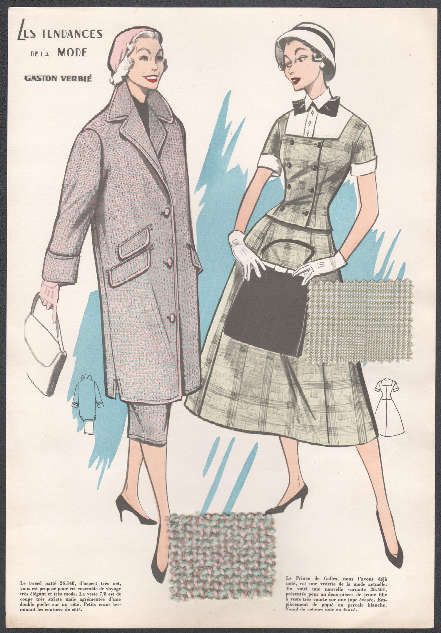 French 1956 Womens Fashion Design Halftone print with original fabric swatches - Print by Gaston Verbie