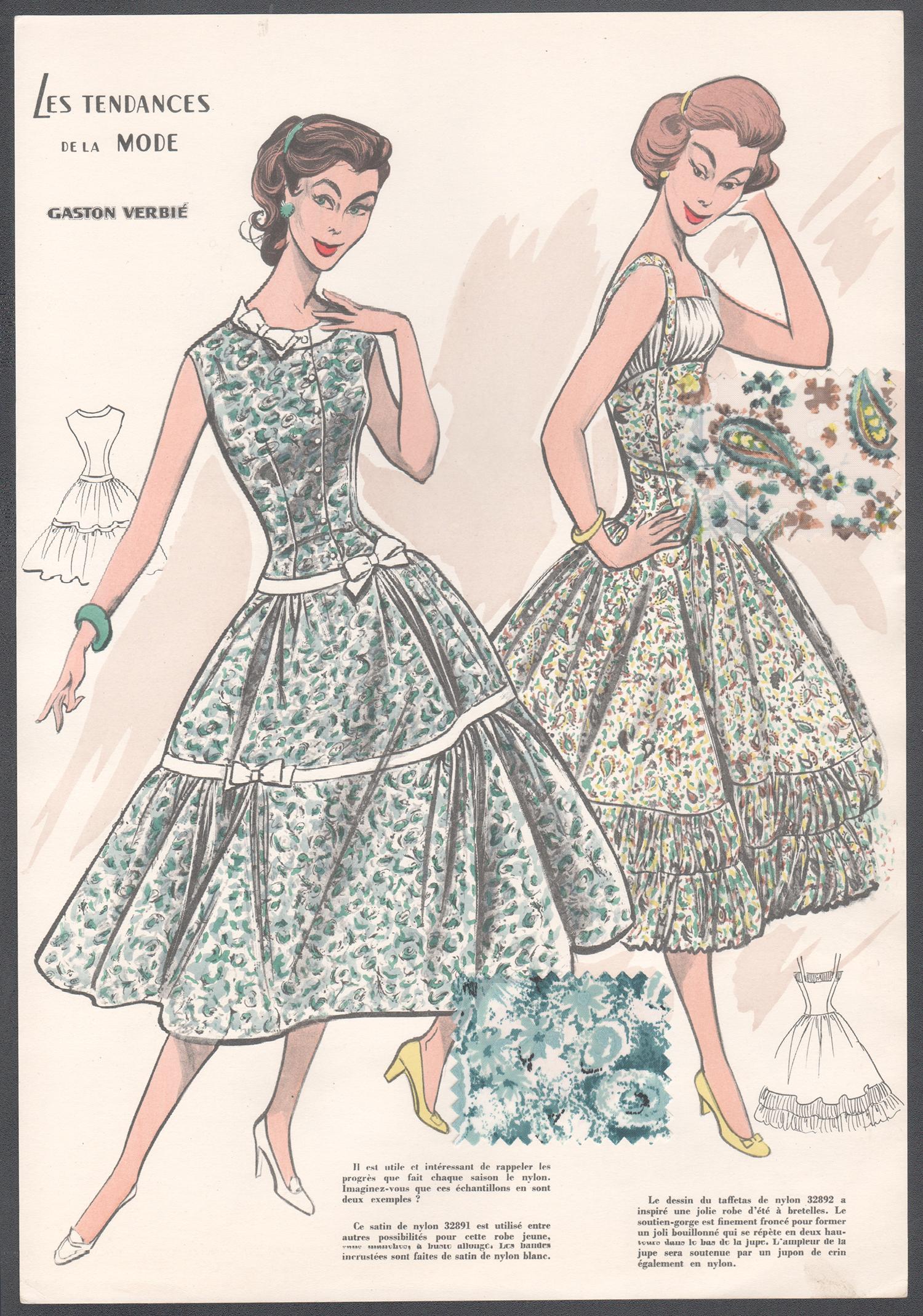 1950er Jahre Frauen Modedesign Stil Illustration Kunst Druck mit Swatches – Print von Gaston Verbie