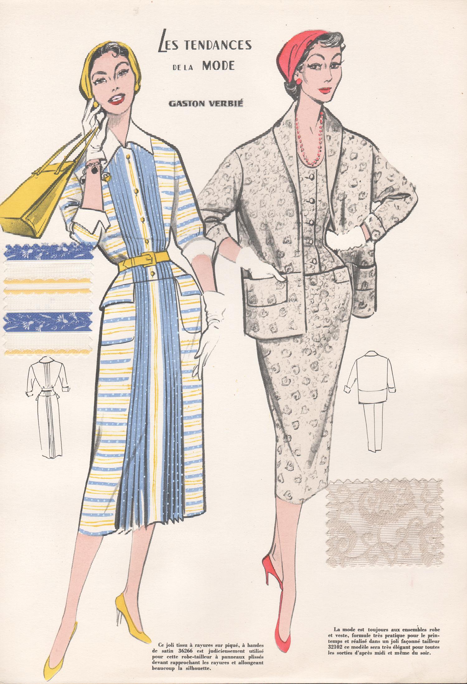 1956 Womens Fashion Design Halbfarbendruck mit Original Stoffmuster-Schnörkeln
