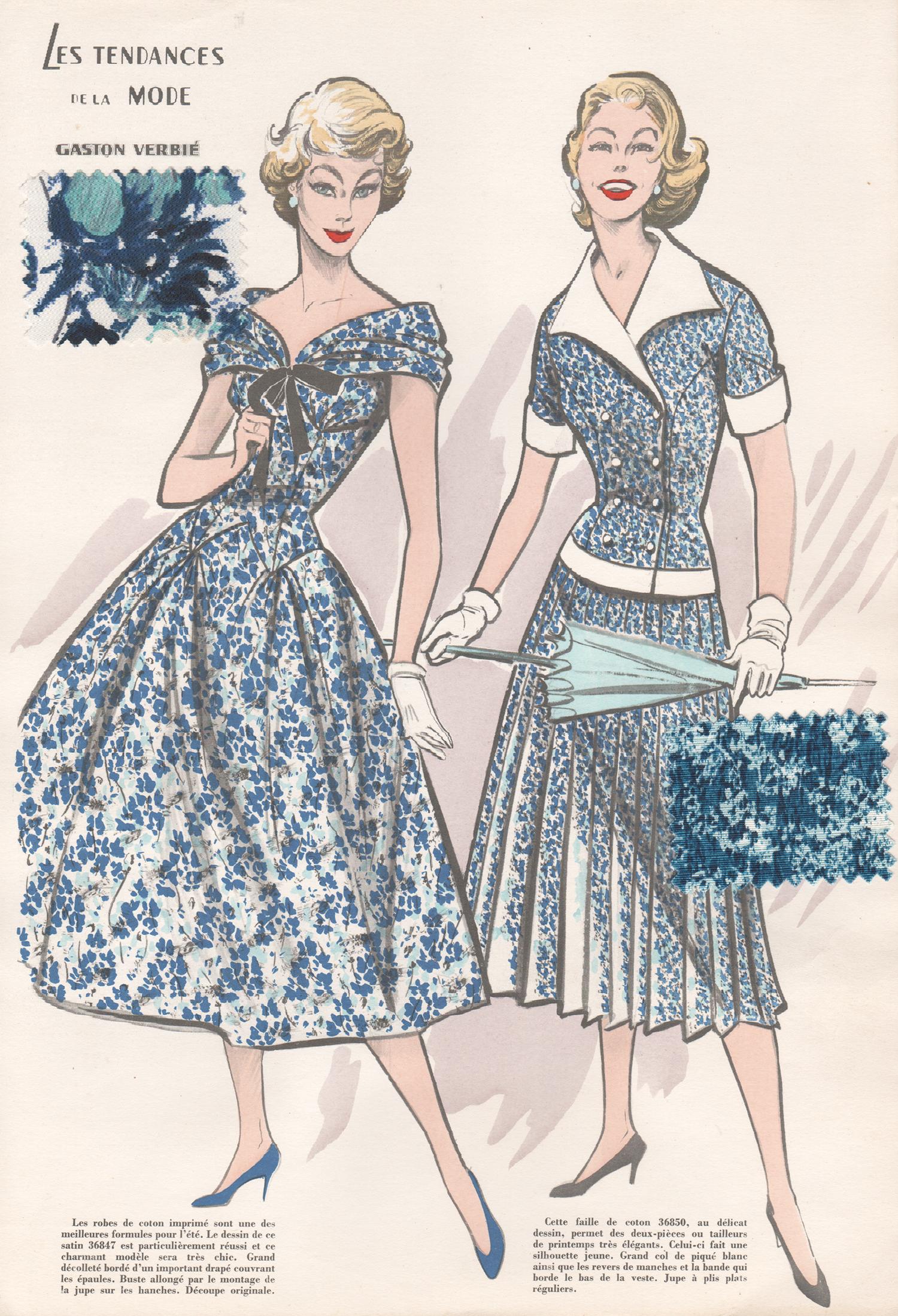 1956 Womens Fashion Design Halbfarbendruck mit Original Stoffmuster-Schnörkeln