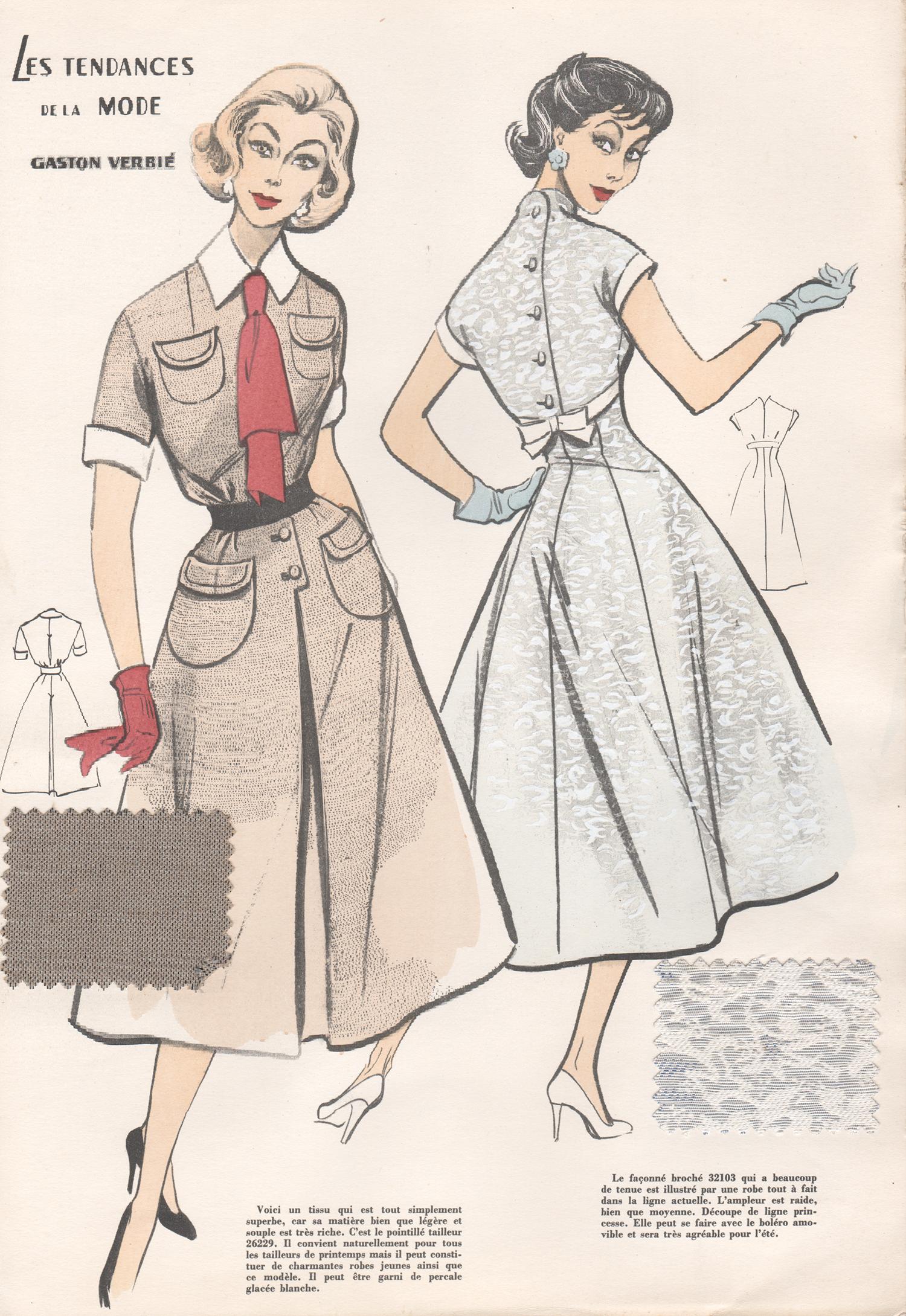 1956 Womens Fashion Design Halbfarbendruck mit Original Stoffmuster-Schnörkeln