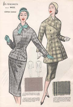 Vintage French 1956 Womens Fashion Design Halftone print with original fabric swatches