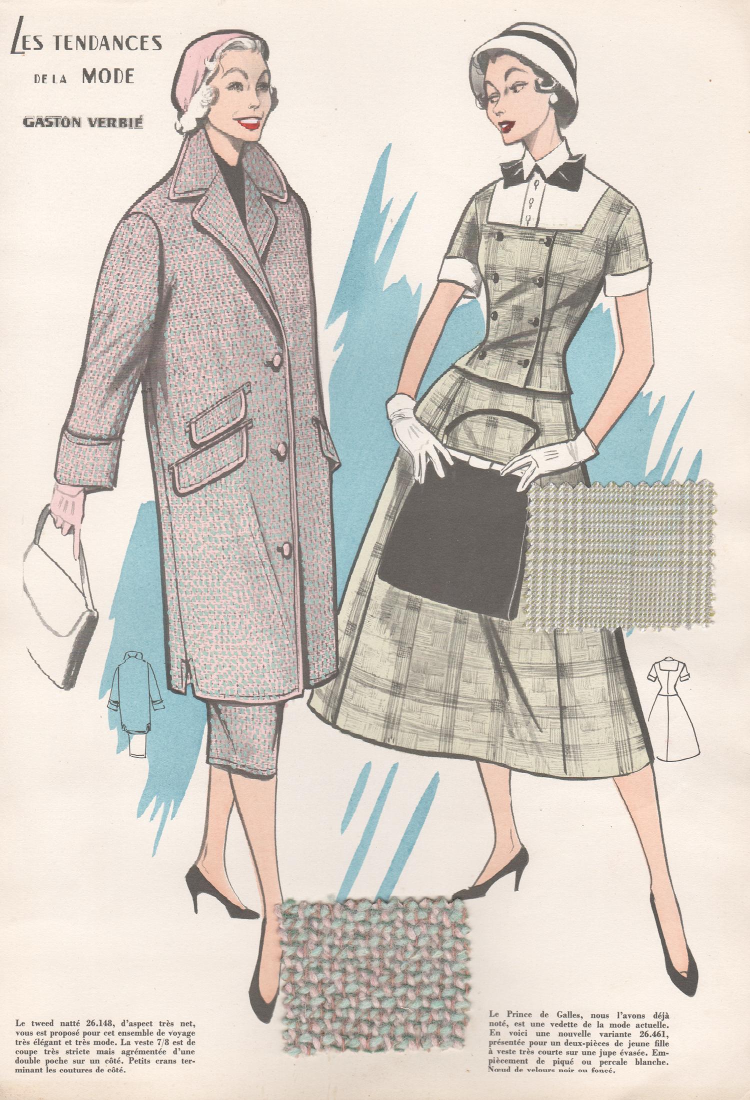 Gaston Verbie Figurative Print - French 1956 Womens Fashion Design Halftone print with original fabric swatches
