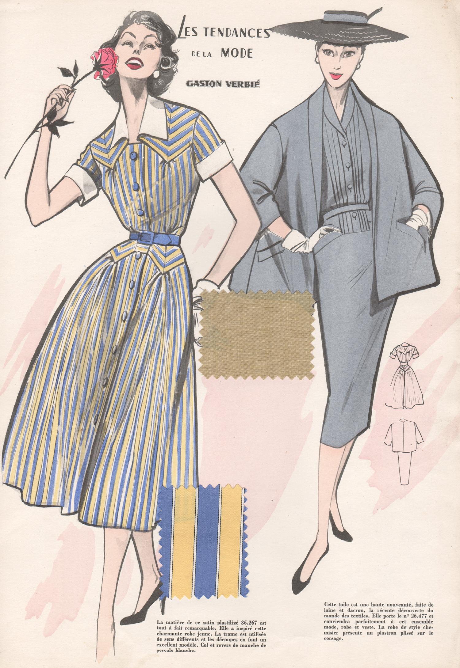 Gaston Verbie Figurative Print - French 1956 Womens Fashion Design Halftone print with original fabric swatches