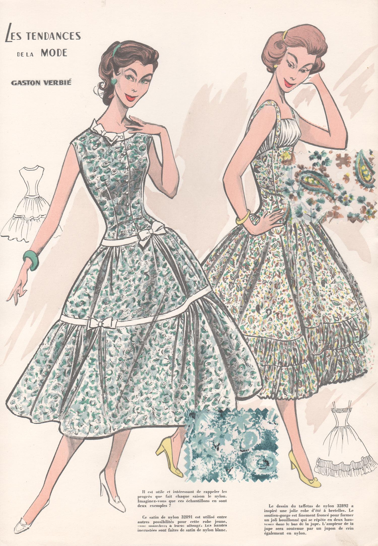1950er Jahre Frauen Modedesign Stil Illustration Kunst Druck mit Swatches