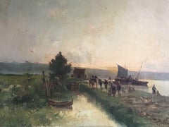 French Landscape Oil Painting by Gaston Anglade "Bringing the Catch"