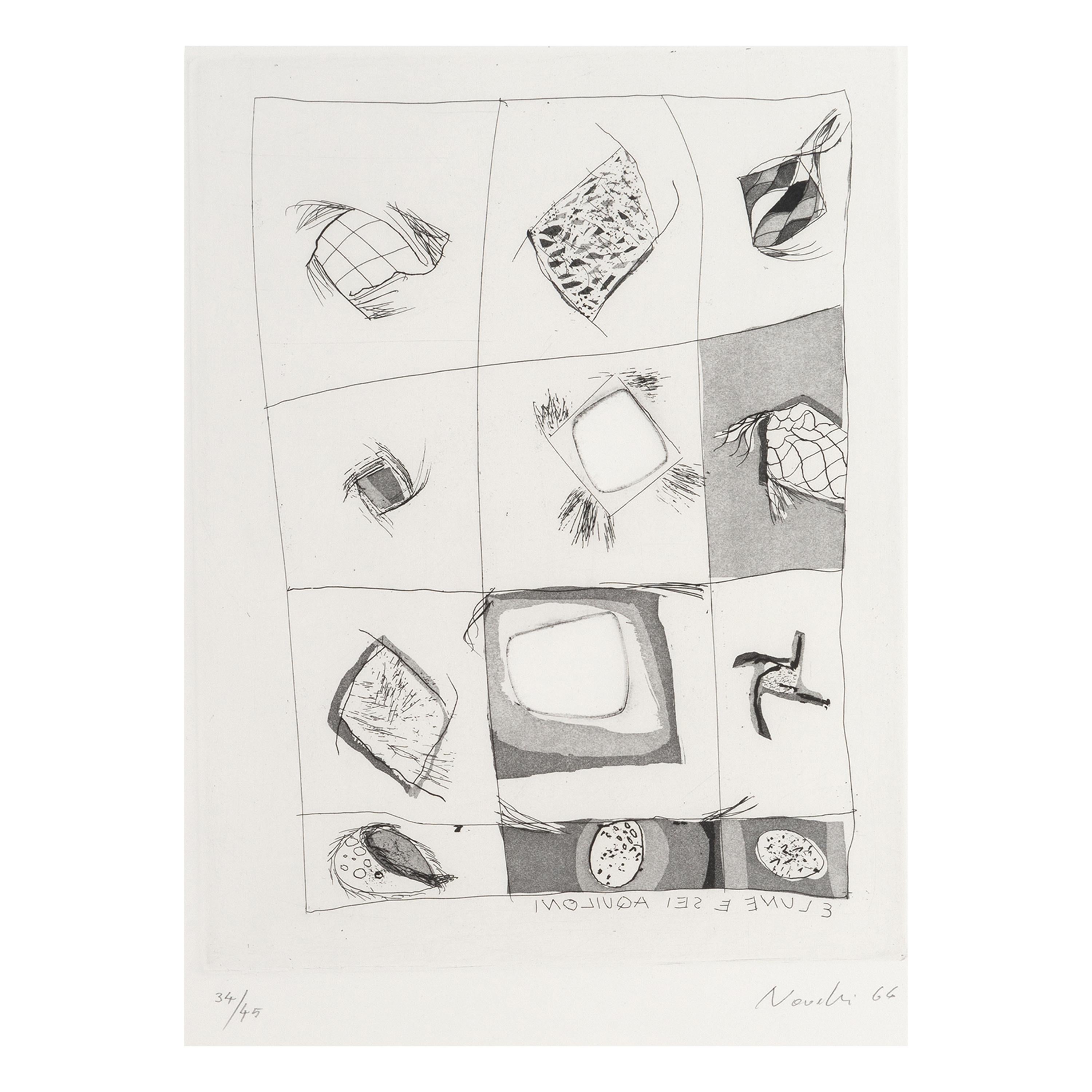 Gastone Novelli Abstract Print - 3 Lune e 6 aquiloni, Etching, Abstract Art, Moon 