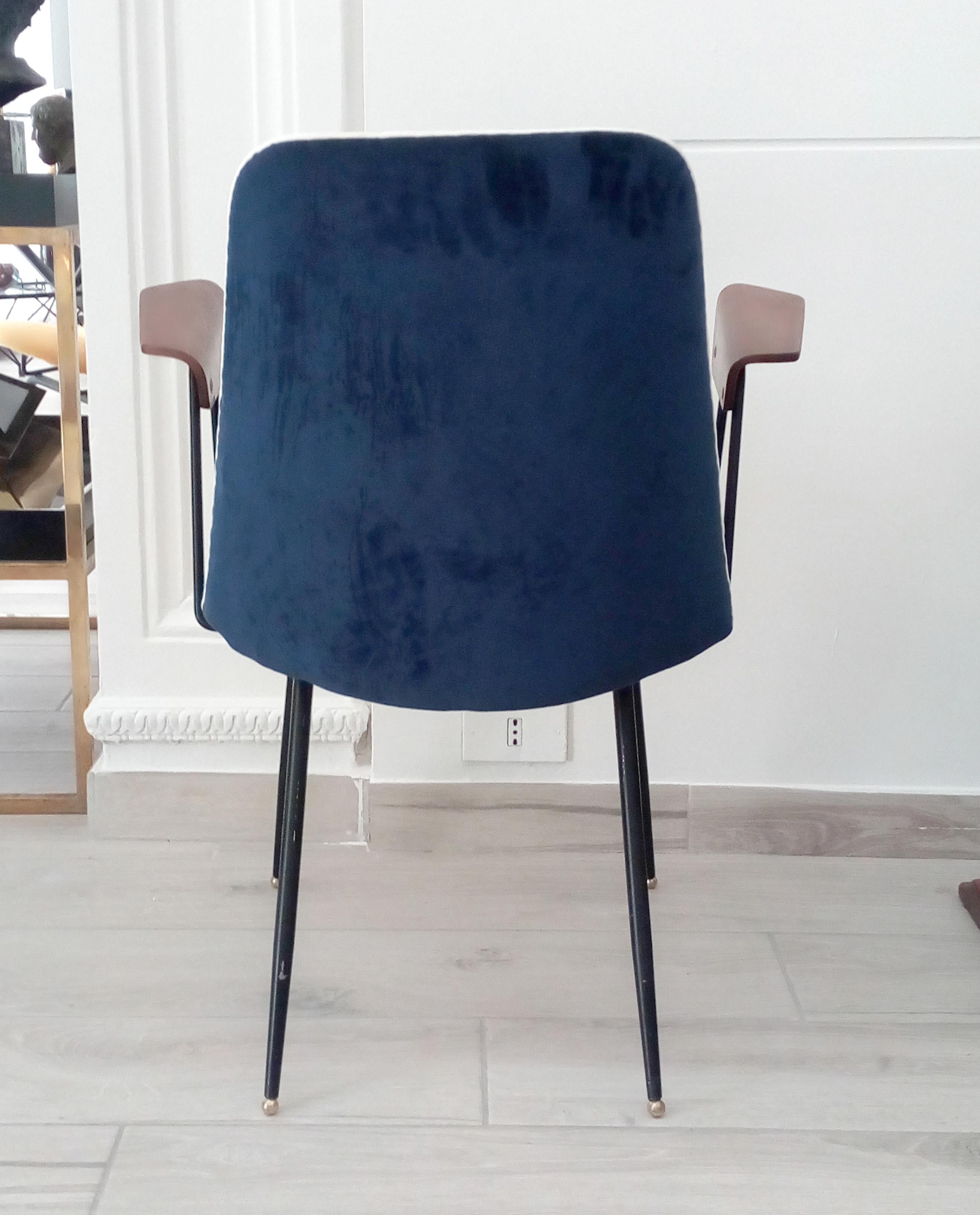 Gastone Rinaldi Blue Fabric Plywood Italian Midcentury Chair 