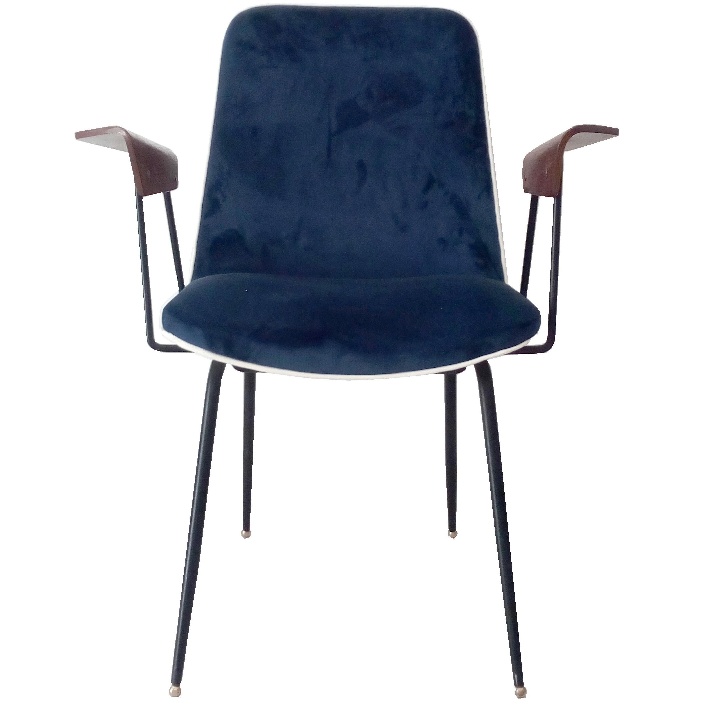 Gastone Rinaldi Blue Fabric Plywood Italian Midcentury Chair "DU22" for RIMA