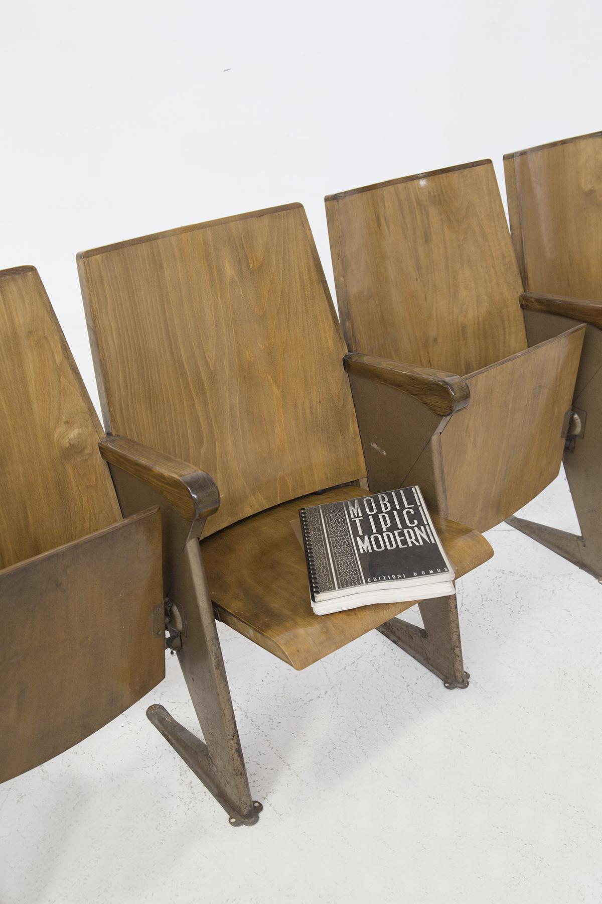 Rare cinema chairs made by Gastone Rinaldi for the theater IL Piccolo Milano in 1952. The model in question is LV 4.
The five cinema or theater armchairs is one of the earliest examples for the IL PICCOLO Theater in Milan. They are made of wood for