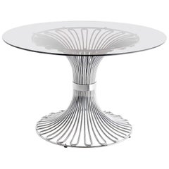 Table de salle à manger circulaire Gastone Rinaldi:: plateau en chrome et verre fumé:: Italie:: 1965