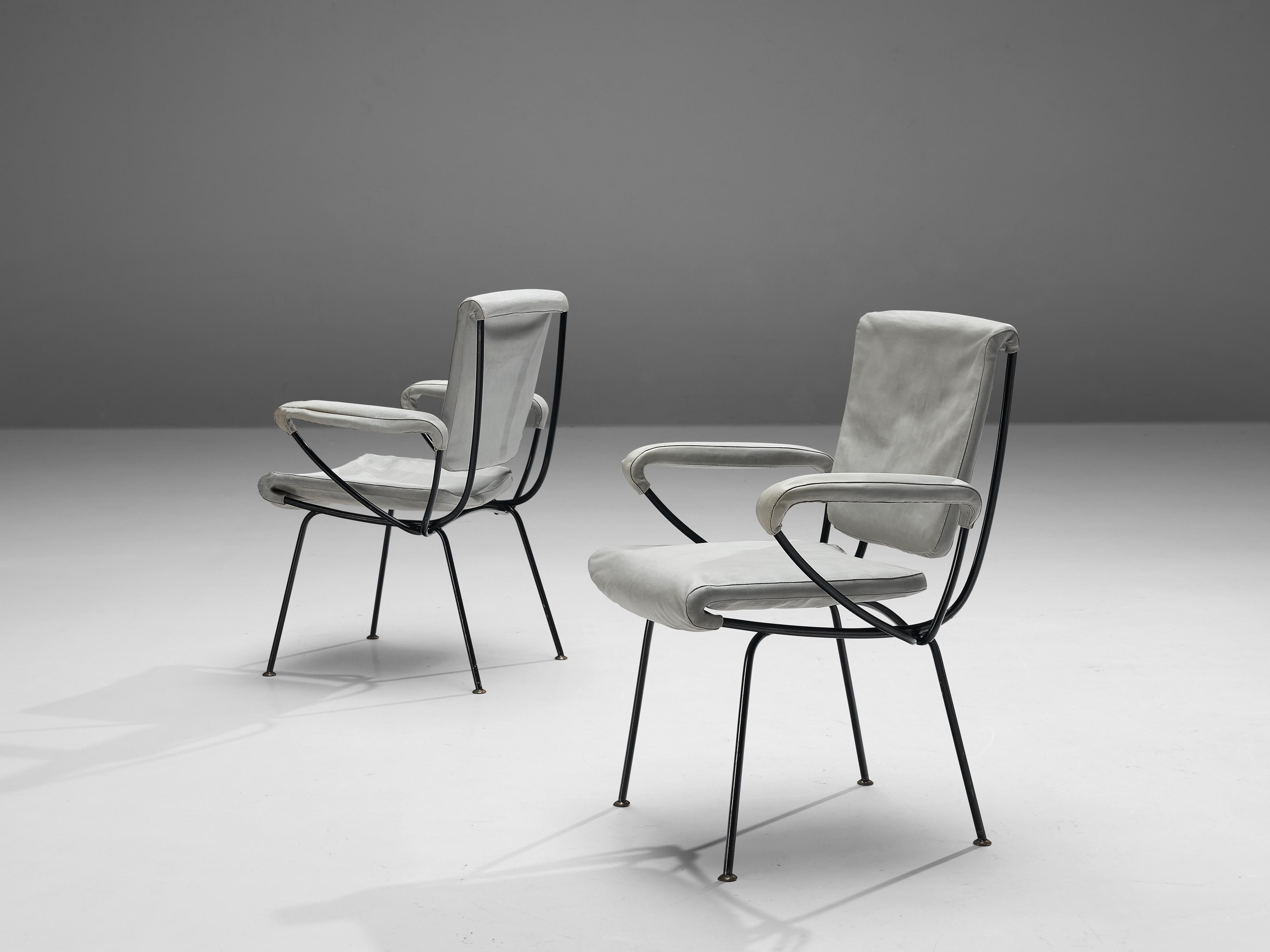 Gastone Rinaldi for Rima, pair of armchairs, model 'DU 24', metal, leatherette, Italy, 1956

These Italian postwar armchairs have a sculptural appearance due to the well-constructed tubular frame in metal. The style is simple and understated, where