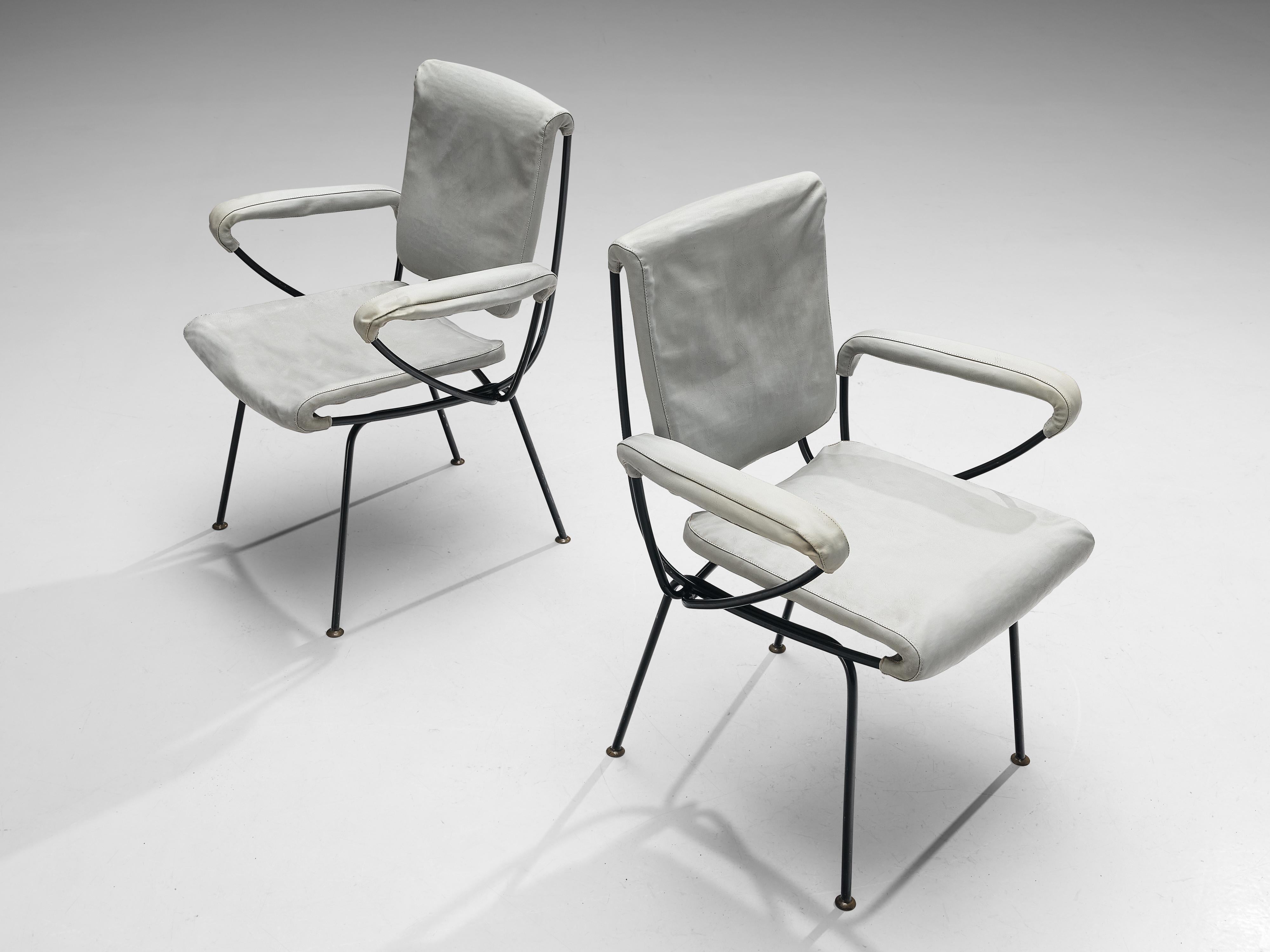 Gastone Rinaldi 'DU 24' Pair of Armchairs in Grey Leatherette and Metal For Sale 1
