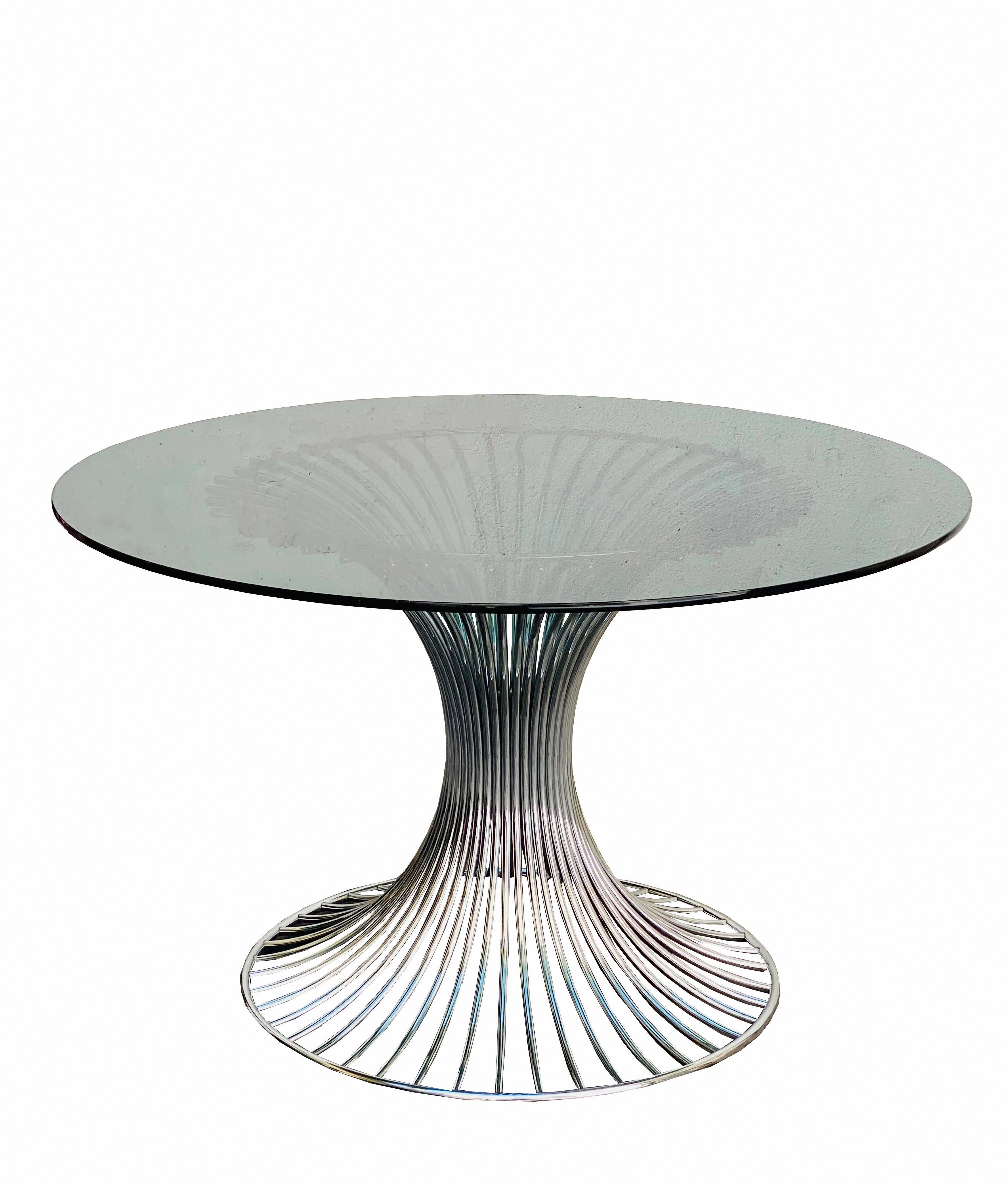 Elegant Round Table with fume glass top and chrome-plated metal basket base designed by Gastone Rinaldi for Ri.Ma 1970