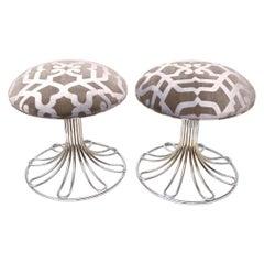 Gastone Rinaldi Italian Nickel Silver and Grey Velvet Upholstered Stools Pair