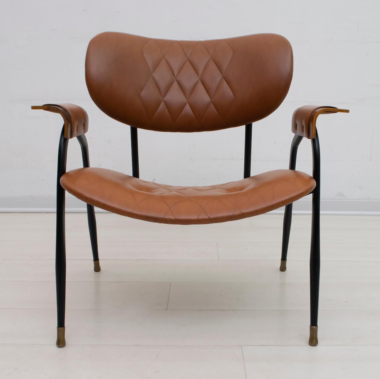 Lacquered Gastone Rinaldi Mid-Century Modern Italian Leather Armchair for RIMA, 1960s