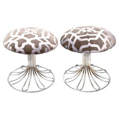Gastone Rinaldi Nickel Silver and Gray Upholstered Stools Vintage Italian