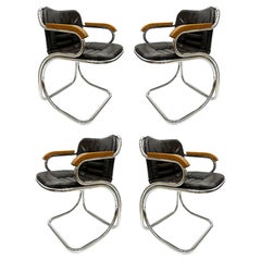 Gastone Rinaldi Set di 4 sedie da pranzo a sbalzo cromate, pelle marrone, Wood