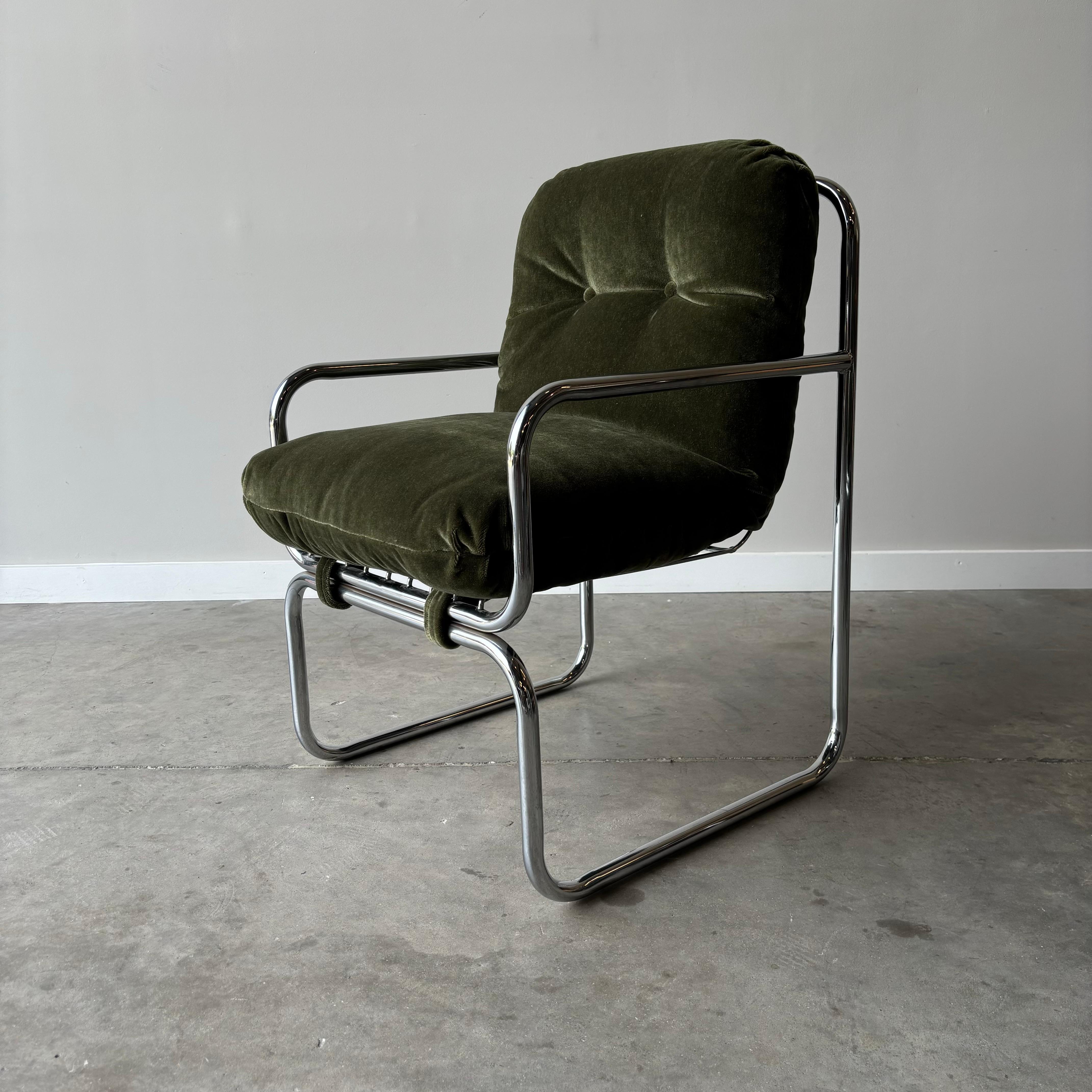 Vintage set of tub style dining chairs similar to designs by Gastone Rinaldi.  Mid century modern style with wire steel and chrome tube frames with new mohair upholstered cushions.
