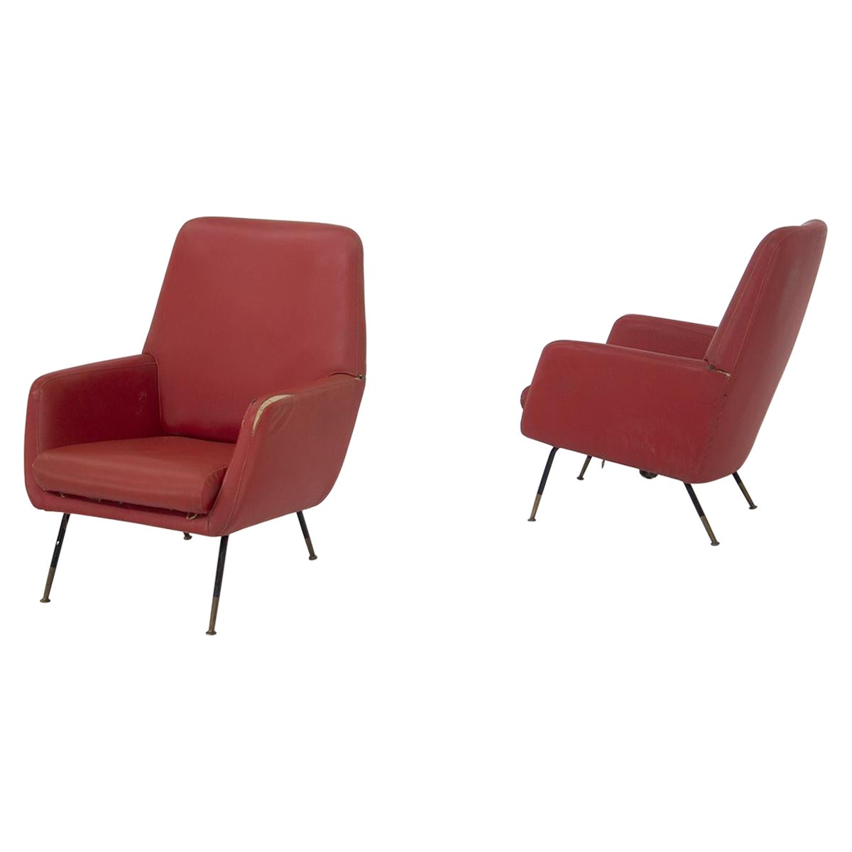 Gastone Rinaldi Poltrone in pelle rossa vintage con piedi in ottone