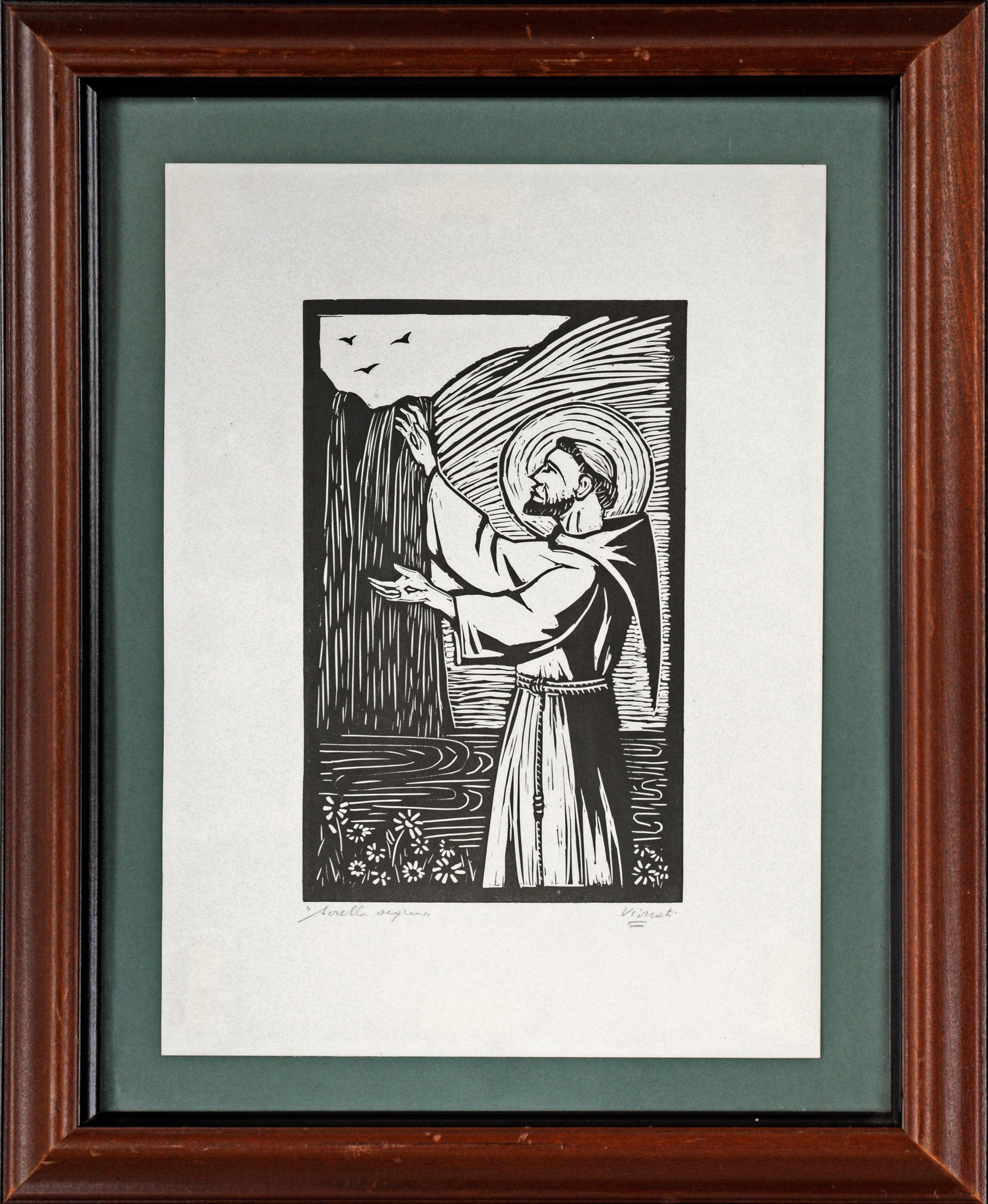 « Sister Water », Saint François d'Assisi, Linocut - Print de Gastone Vignati