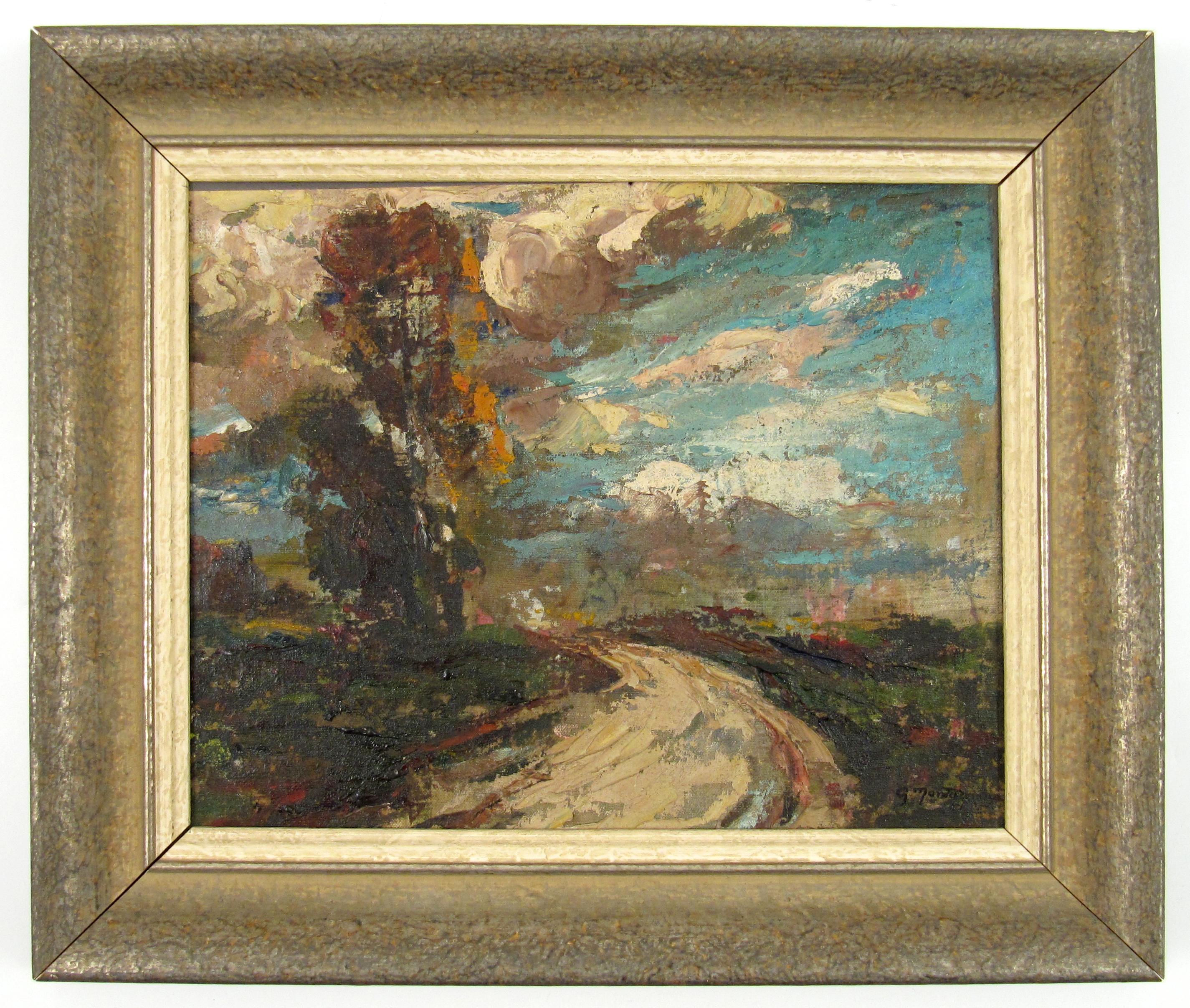 Gaétan Montagney
(French, 20th Century)

Route de campagne bordée d'arbres

•	Oil on canvas on panel ca. 20 x 26 cm
•	Frame ca. 28 x 33 cm
•	Signed lower right

Delightful little landscape painting held in an impressionist style. The artist has used