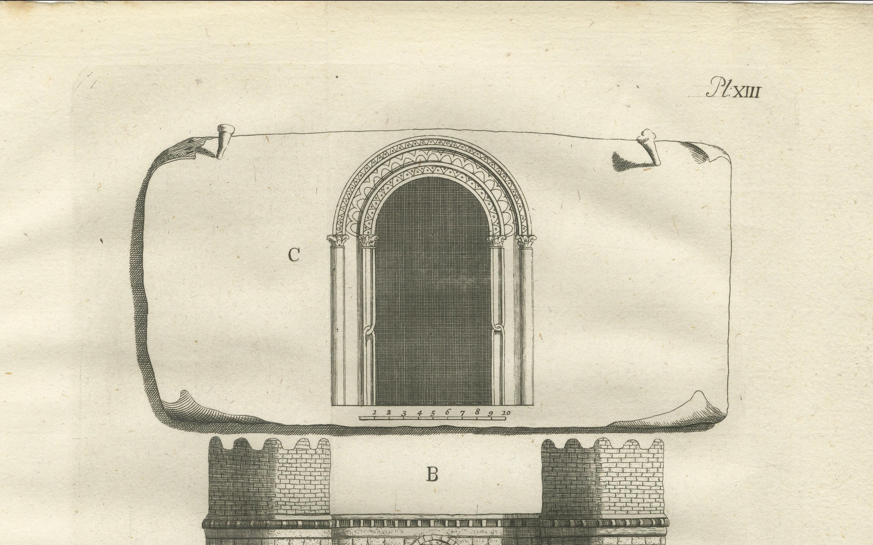 Titre : Porte et portail d'un ancien palais du Caire - Étude architecturale, Égypte 1776

Description :
Cette gravure finement détaillée de 1776 présente le plan architectural et l'élévation d'une porte fortifiée historique et d'une porte décorée