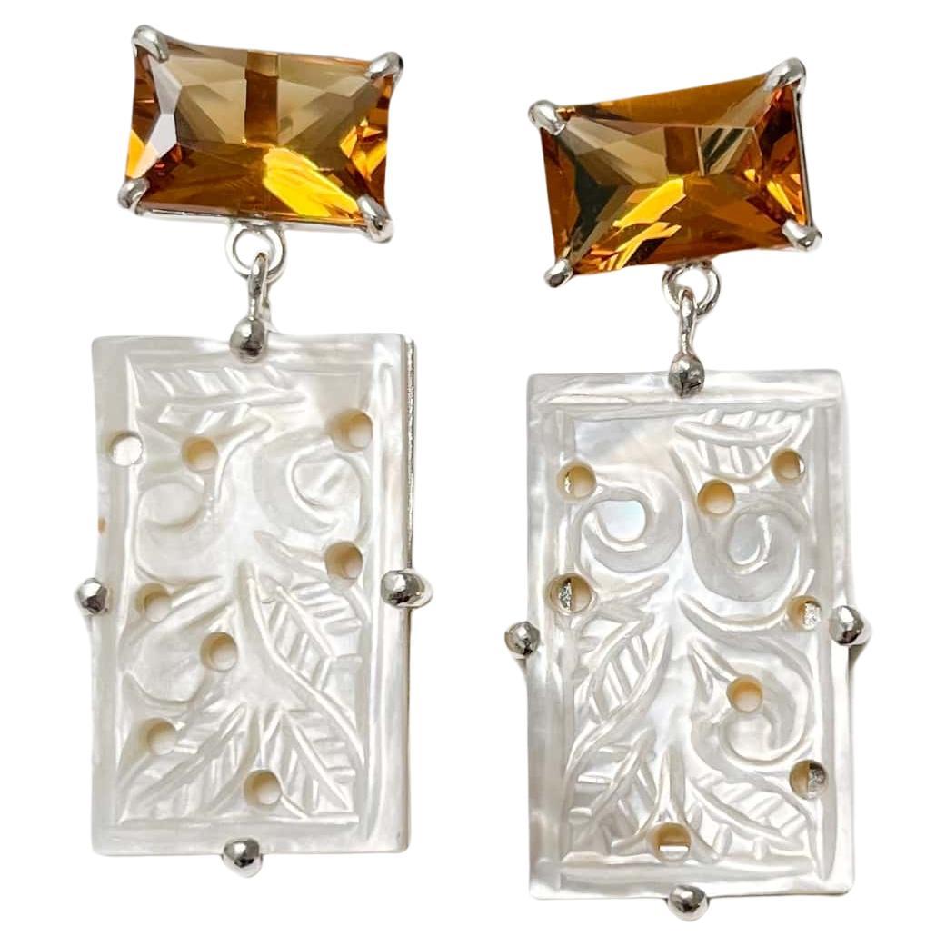 Gate Earrings in Orange Quartz, Mother of Pearl, Sterling Silver For Sale