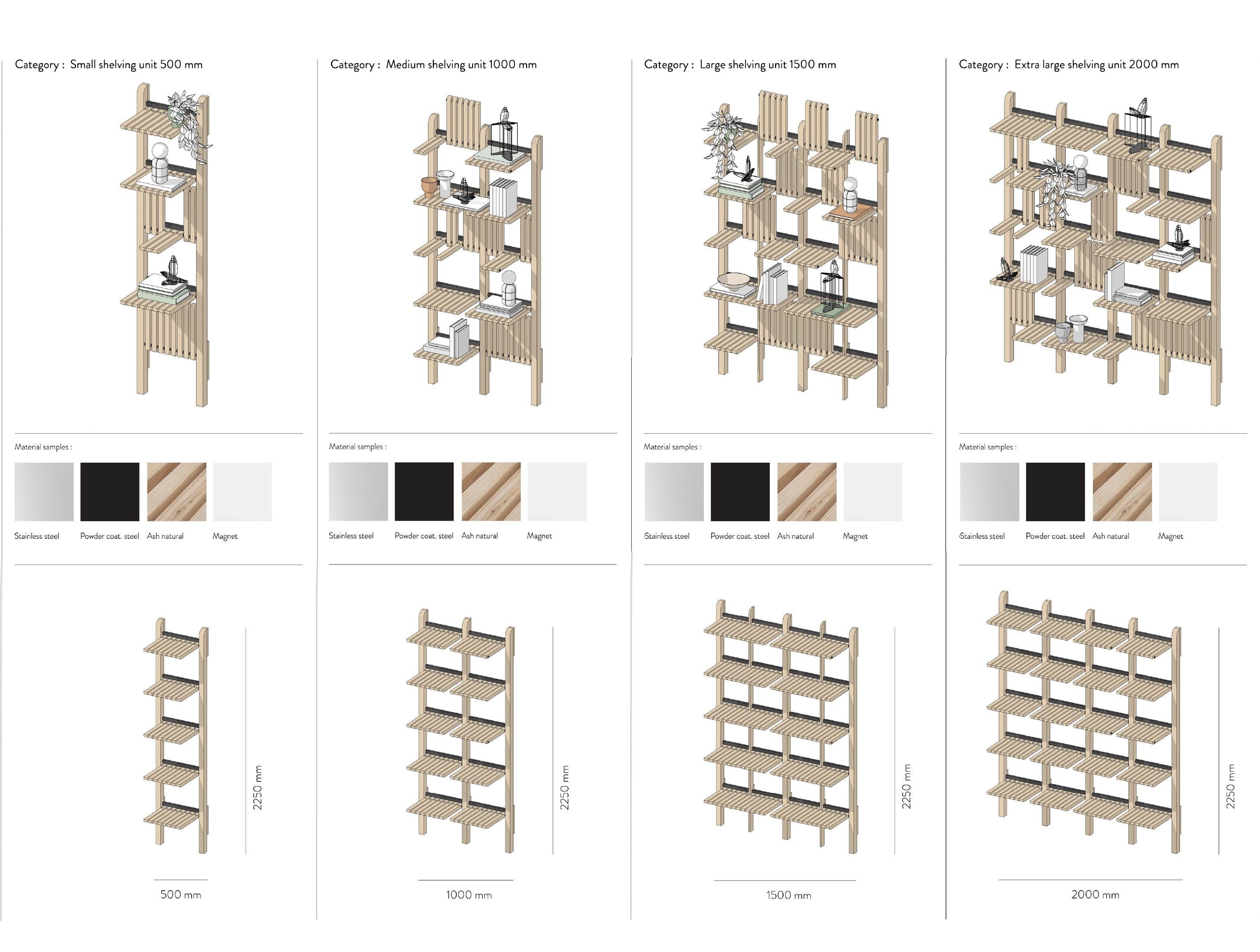 Estantería moderna de madera de fresno y acero - Estantería modular artesanal 1500 mm Ucraniano en venta