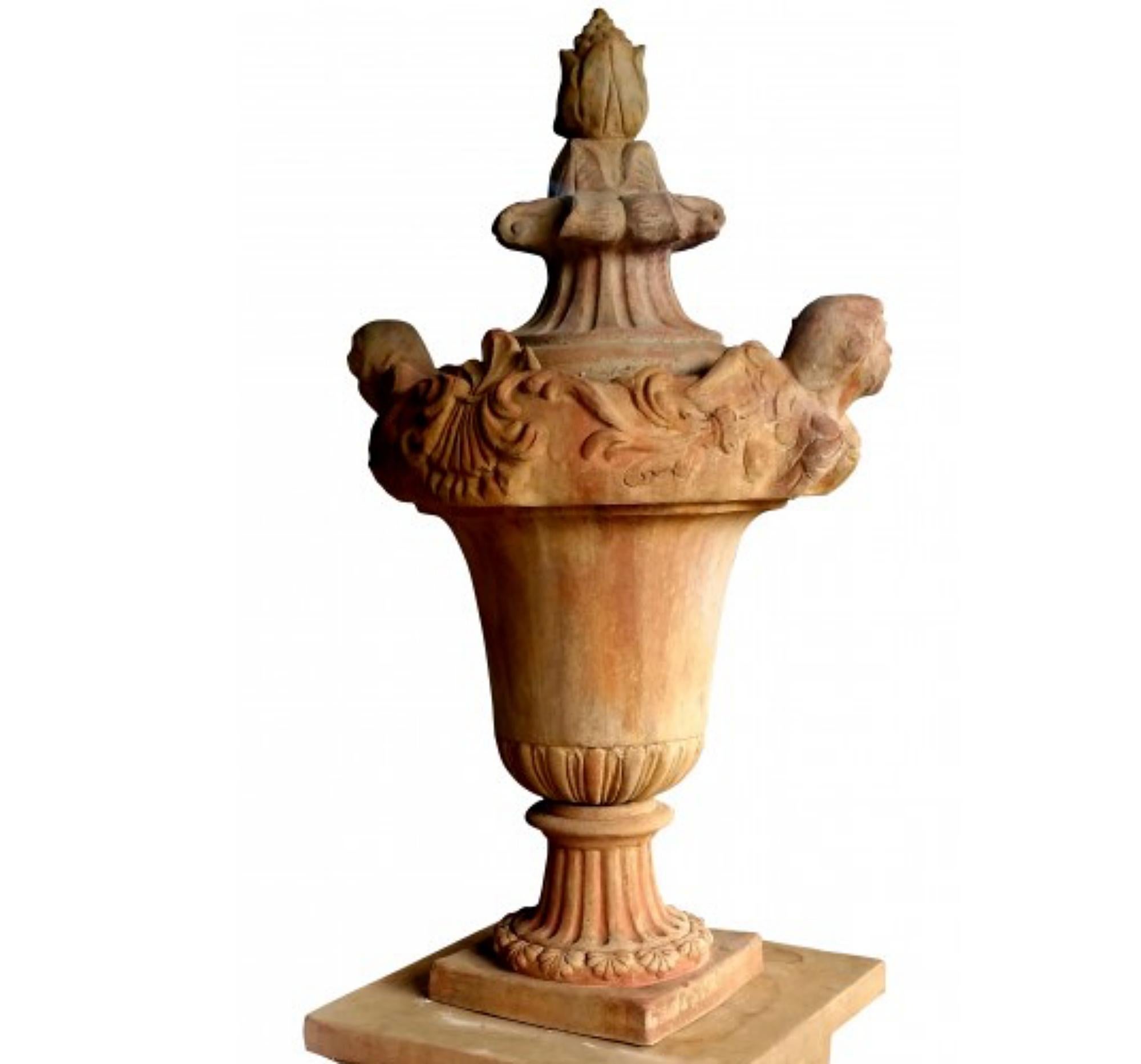 Italian Gate Vase with Two Front Putti, Tuscan Renaissance, Early 20th Century For Sale
